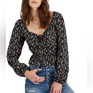 Kingston Grey Black Long Sleeve Floral Open Back Blouse Size S
